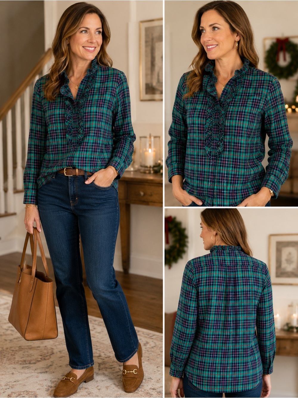 Vineyard Vines Women’s Size 16 Plaid Ruffle Blouse Green Navy Red Cotton Preppy